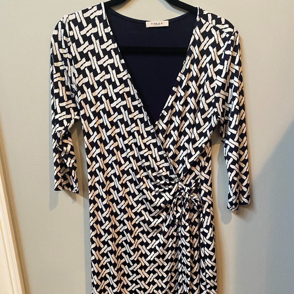 Deep Navy and White Faux Wrap Dress Size Medium